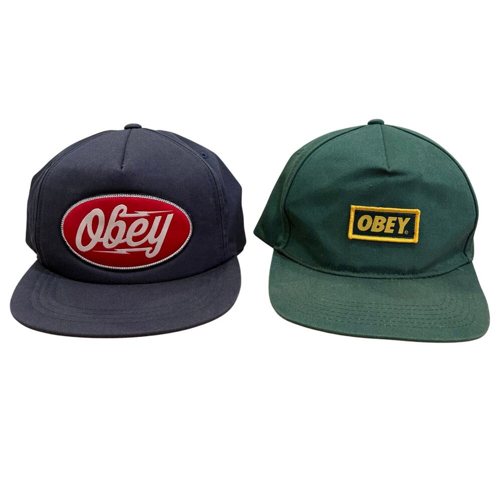 LOT OF 2 - Obey Streetwear Blue Red Patch & Green SnapBack Adjustable Hat Cap